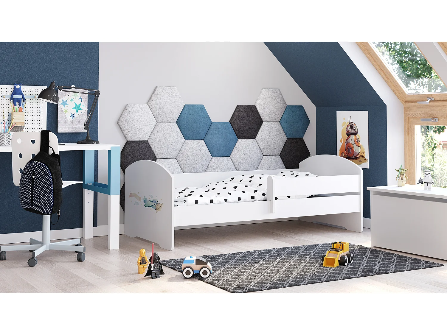 Luk - lit simple 140x70 avec graphisme pour enfants, dans un ensemble avec garde-corps, matelas et cadre