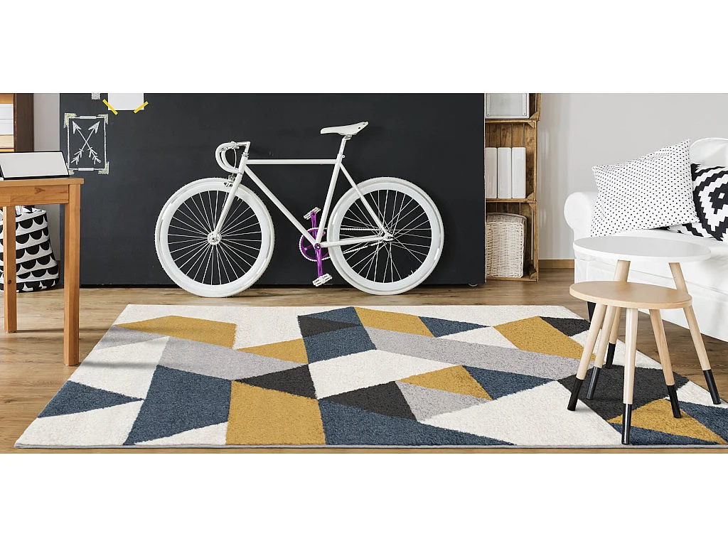 Tapis géométrique scandinave - 160 x 230 cm - jaune, gris et bleu - GEOMIE