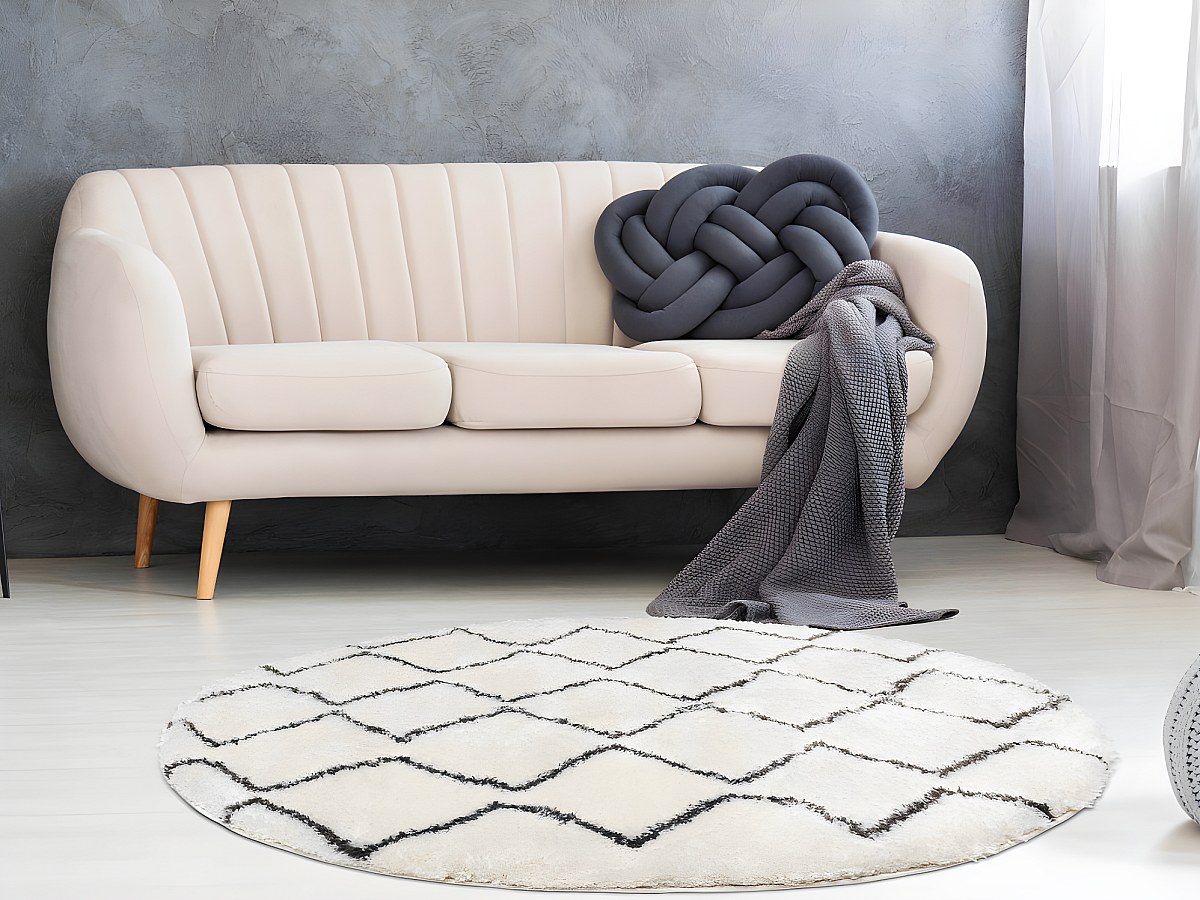 Alfombra redonda estilo bereber MINEA - Poliéster - D. 160 cm - beige y