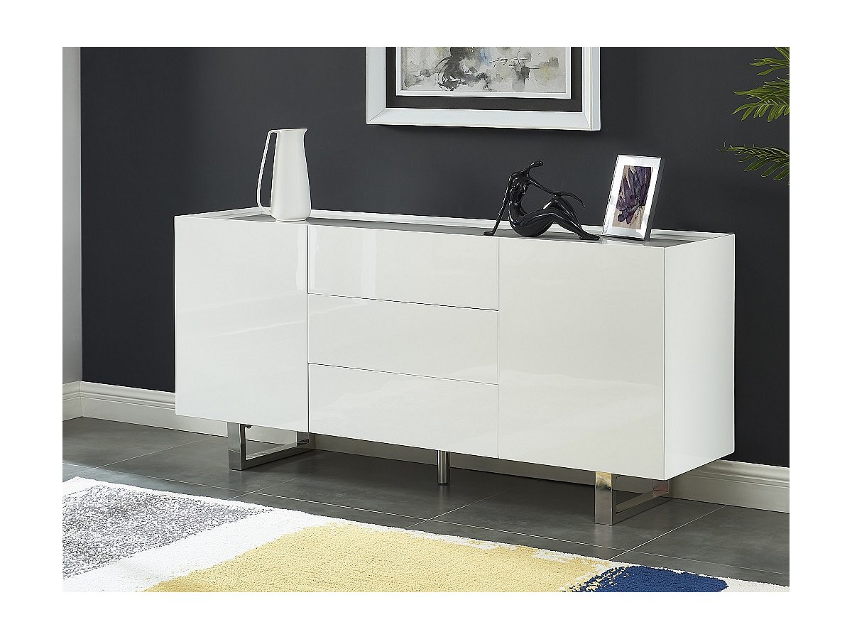 Aparador - 2 portas e 3 gavetas - MDF, cerâmica e metal - Cor: branco