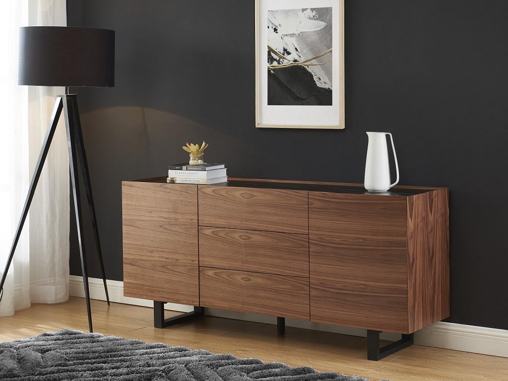 Sideboard AZIMA - 2 Türen & 3 Schubladen - Holz, Keramik & Metall - Nussbaumfarben