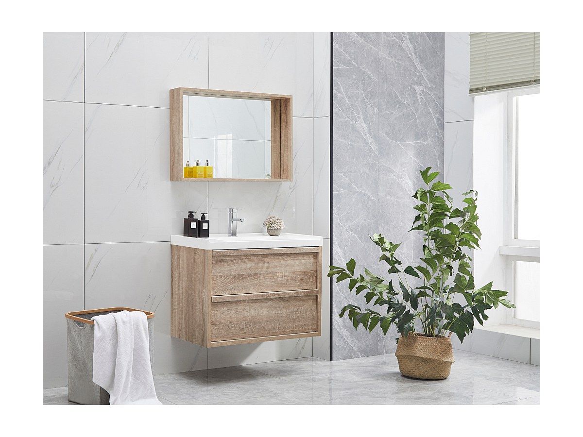 Komplettbad mit Einzelwaschbecken & Spiegel QUADRA - Holz-Optik - B. 80