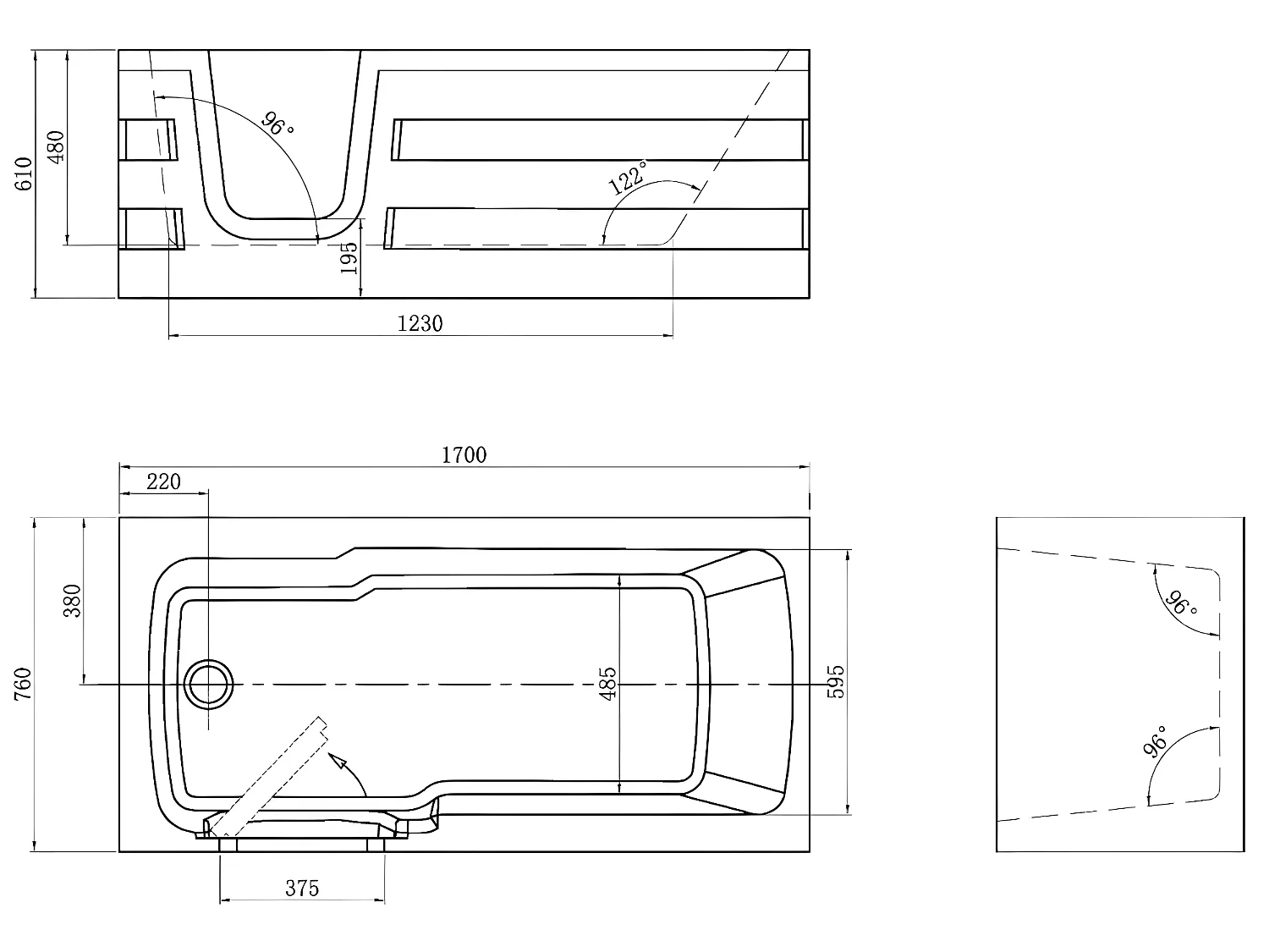 Eckbadewanne mit Tür - 235 L - 170 x 76 x 62 cm - Ecke links - SERVEE