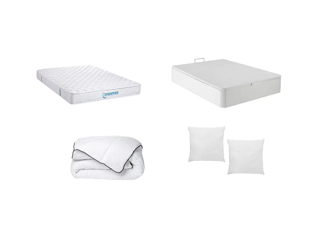 Ensemble literie 160 x 200 cm - sommier coffre blanc + matelas ressorts ensachés + couette + 2 oreillers - PRESTIGE