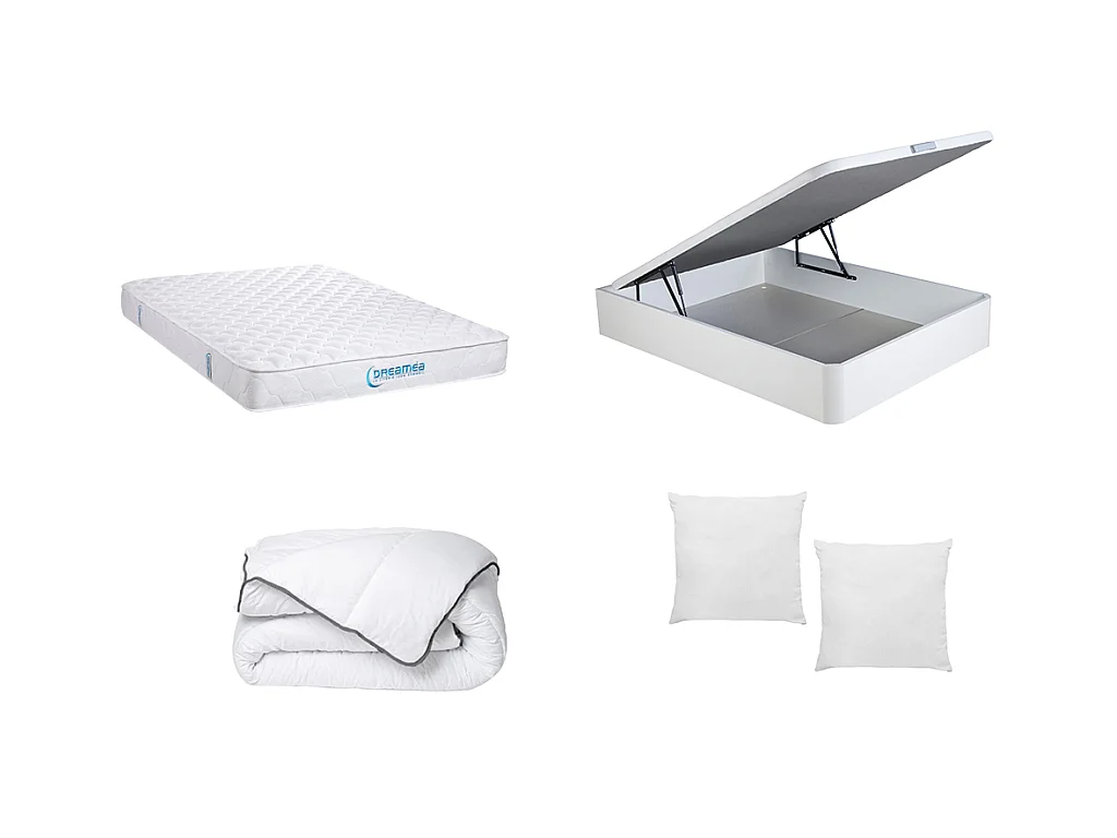 Ensemble literie 160 x 200 cm - sommier coffre blanc + matelas ressorts ensachés + couette + 2 oreillers - PRESTIGE