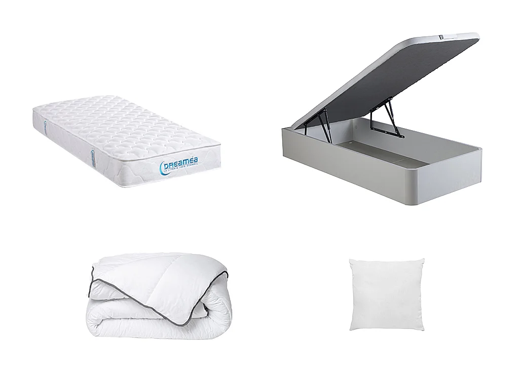 Ensemble literie 90 x 190 cm - sommier coffre blanc  + matelas ressorts ensachés + couette + oreiller - PRESTIGE