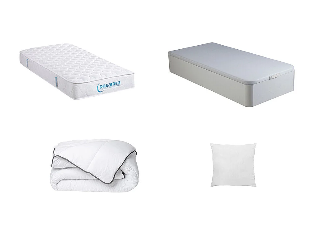 Ensemble literie 90 x 190 cm - sommier coffre blanc  + matelas ressorts ensachés + couette + oreiller - PRESTIGE