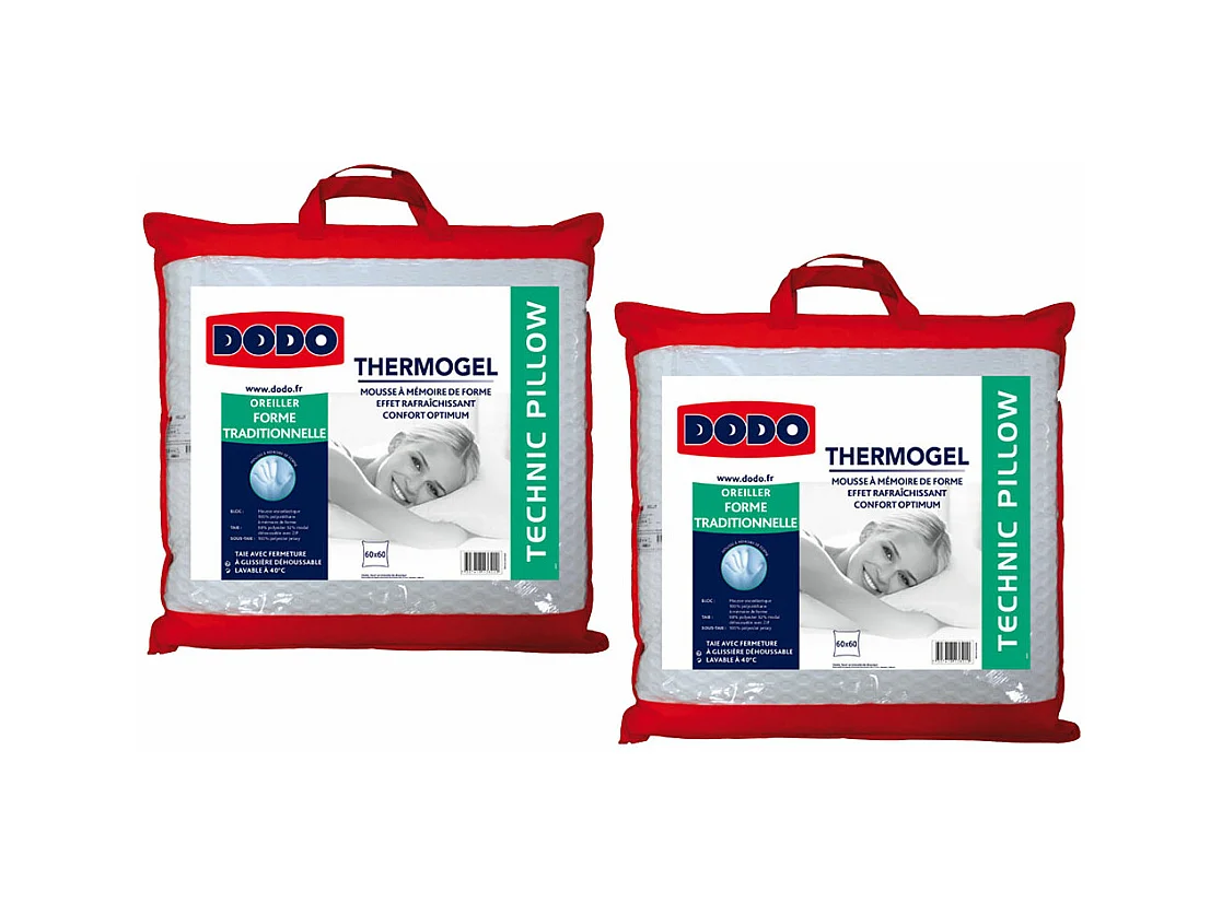 Lot de 2 oreillers DODO mémoire de forme effet fraicheur - 60x 60 cm - FRESH