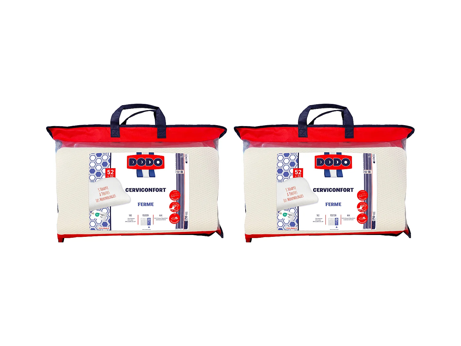 Lot de 2 oreillers DODO - maintien parfait tête - indéformable - L. 52 x H.32 cm - PERFECT POSITION