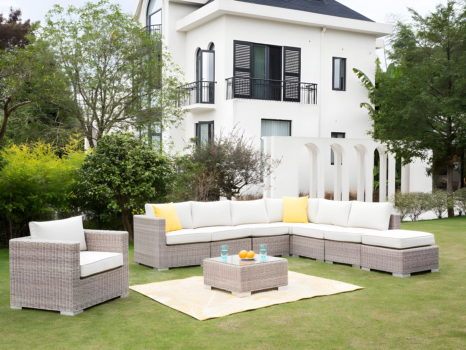 Eckelement 2er-Set für Gartensofa mit weißen Kissen - Polyrattan - BUSAN von MYLIA