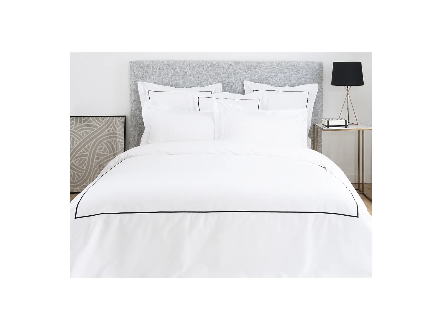 Juego de cama de percal de algodón con bordado CHARMY - funda de edredón de 220 x 240 cm + 2 fundas de almohada de 63 x 63 cm - blanco y antracita