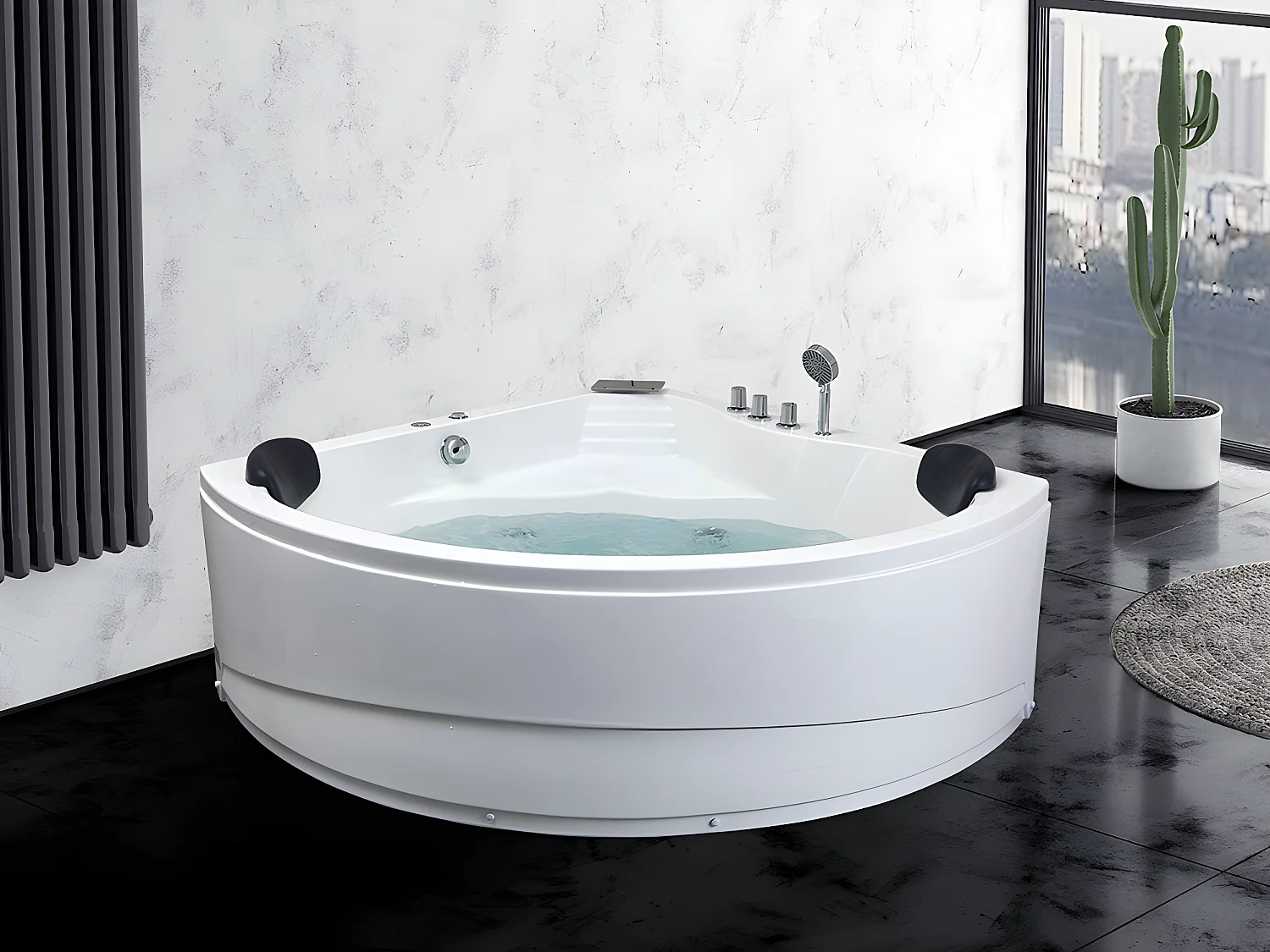 Baignoire balnéo d'angle avec système de cascade AGLENA - 2 places - 350L - 150*150*60 cm
