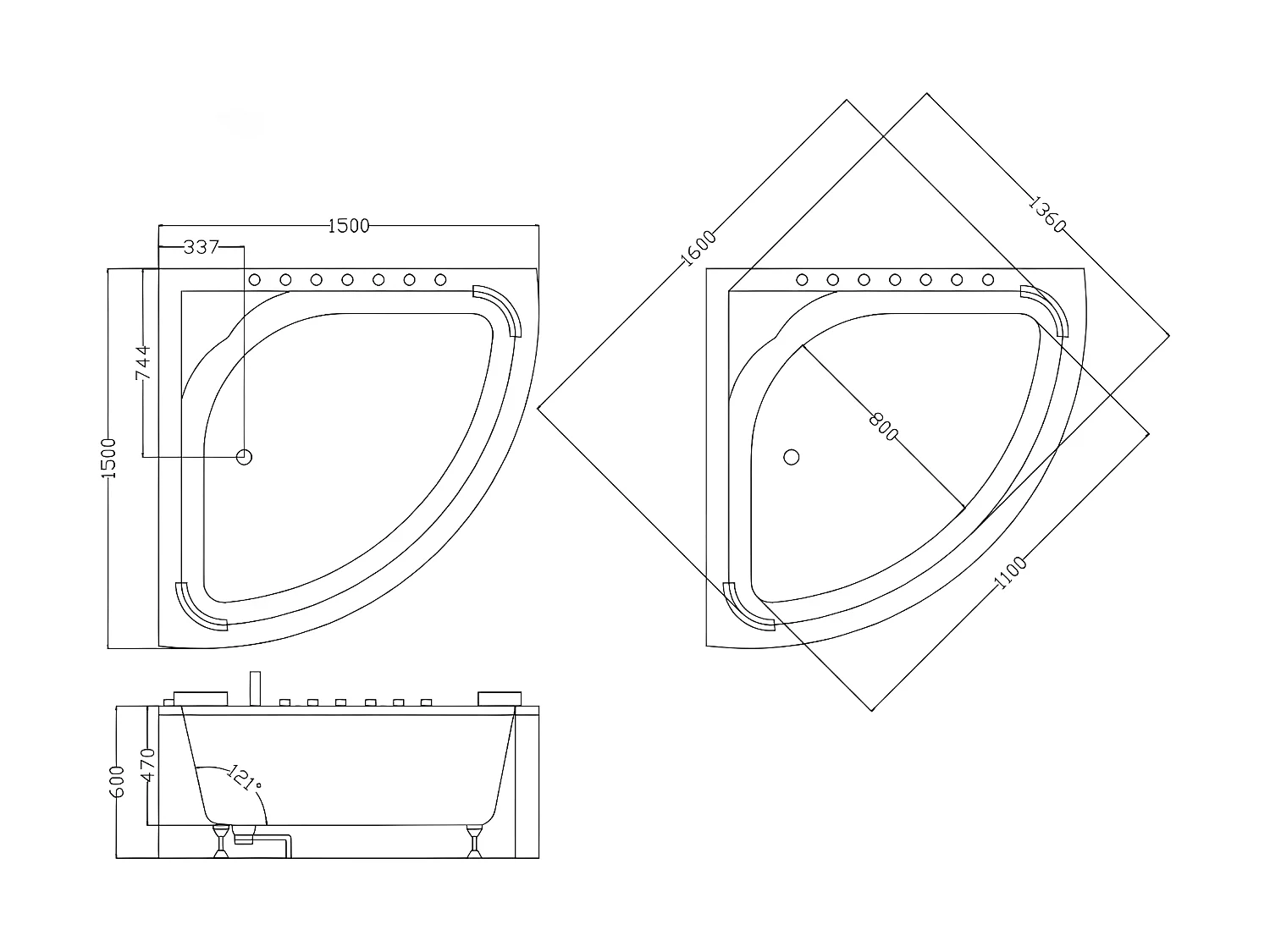 Vasca angolare per balneoterapia con sistema a cascata 2 posti 350 litri 150 x 150 x 60 cm - AGLENA