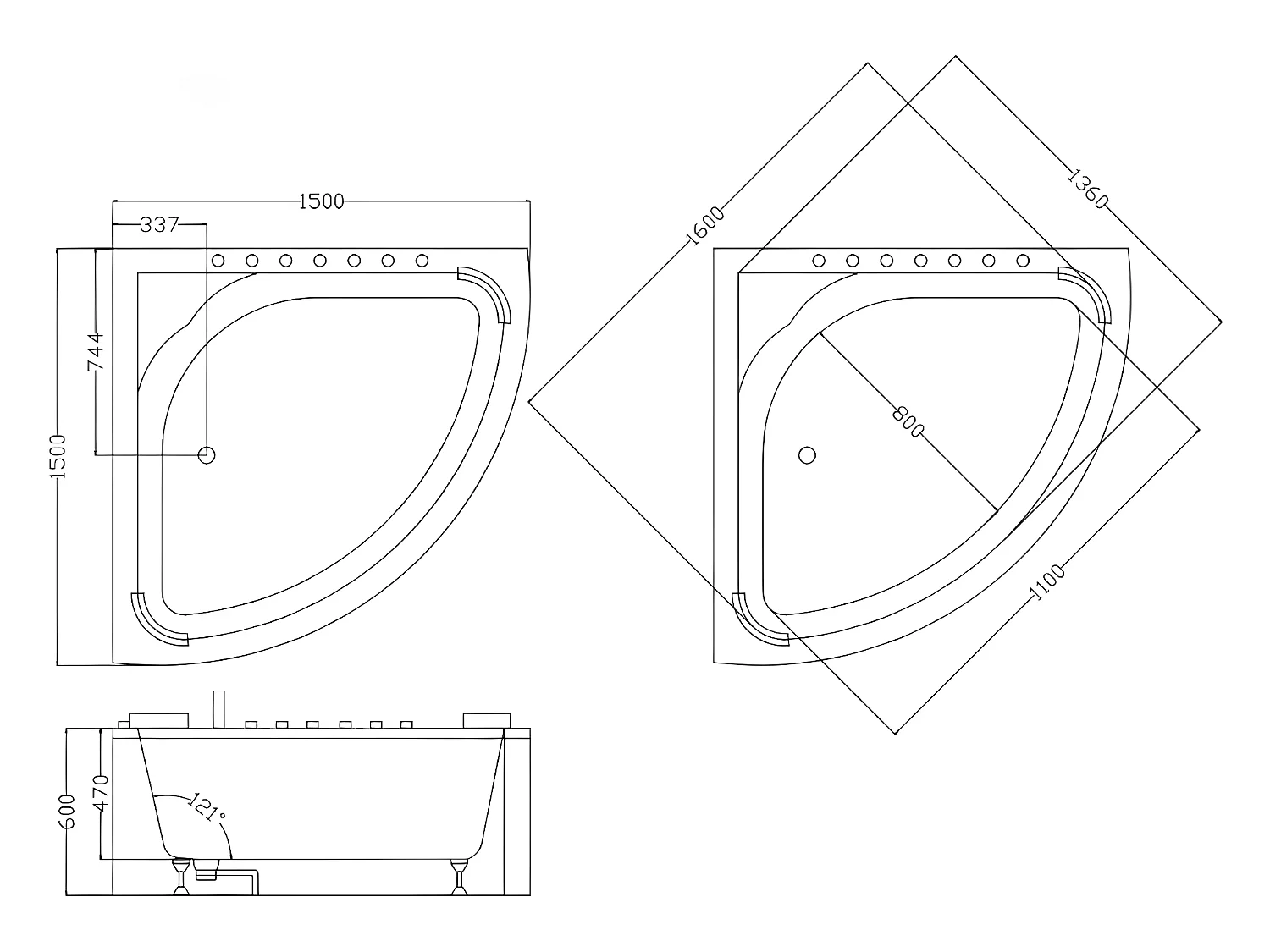 Vasca angolare per balneoterapia con sistema a cascata 2 posti 350 litri 150 x 150 x 60 cm - AGLENA