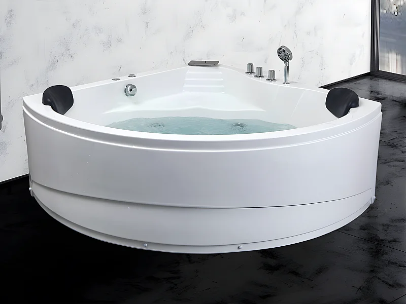 Baignoire balnéo d'angle avec système de cascade AGLENA - 2 places - 350L - 150*150*60 cm