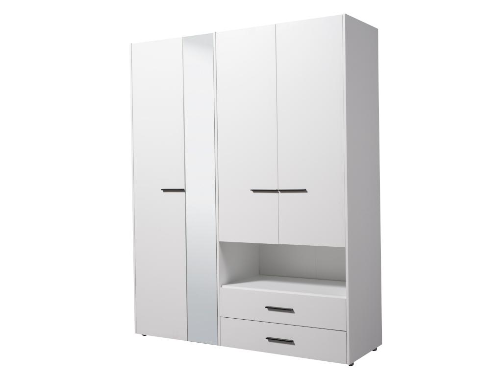 Kleiderschranksystem THELMA mit 3 Türen und 2 Schubladen, Farbe Weiß.
