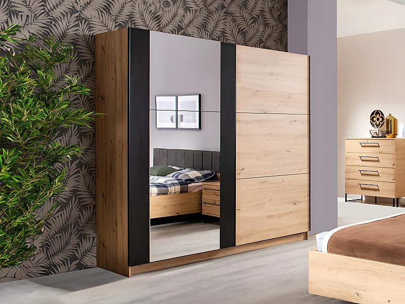 Kledingkast met 2 schuifdeuren PHILADELPHIE - Met spiegel - L217 cm - Eiken en zwart