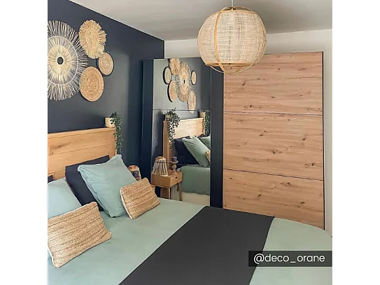 Armoire 2 portes coulissantes PHILADELPHIE - Avec Miroir - L.217cm - Coloris : chêne et noir