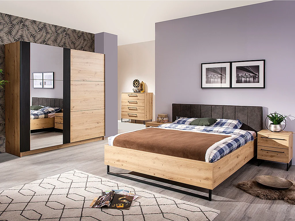 Armoire 2 portes coulissantes PHILADELPHIE - Avec Miroir - L.217cm - Coloris : chêne et noir