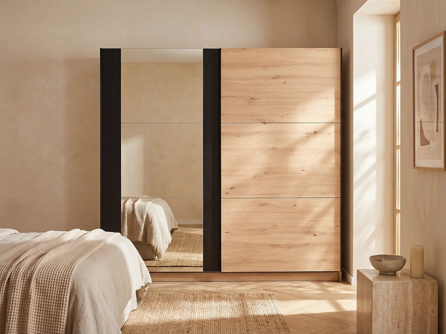 Armadio 2 ante scorrevoli con specchio L.217cm Rovere e Nero - PHILADELPHIE
