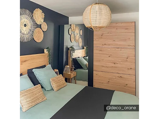 Armário com 2 portas de correr e espelho C.217 cm Carvalho e preto - PHILADELPHIE