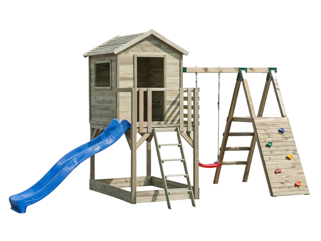 Parque infantil de madera cabaña, tobogán, columpio