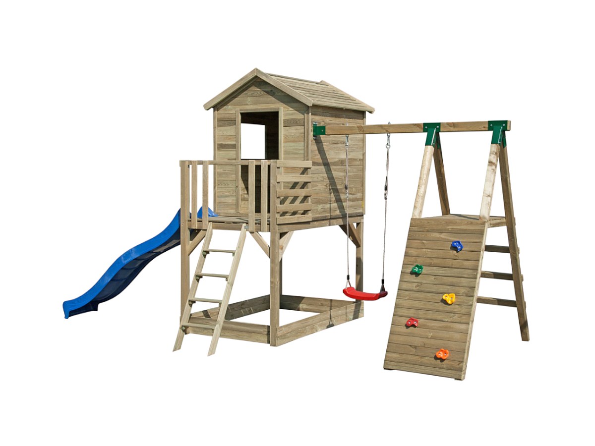 Parque infantil de madera cabaña, tobogán, columpio