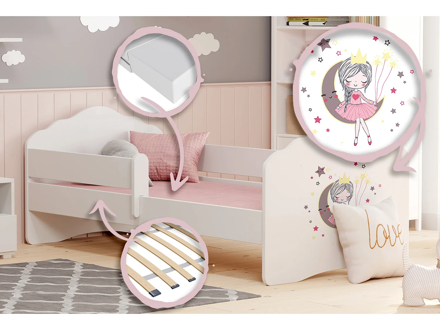 Fala - lit simple 160x80 avec graphismes pour enfants, dans un ensemble avec garde-corps, matelas et cadre