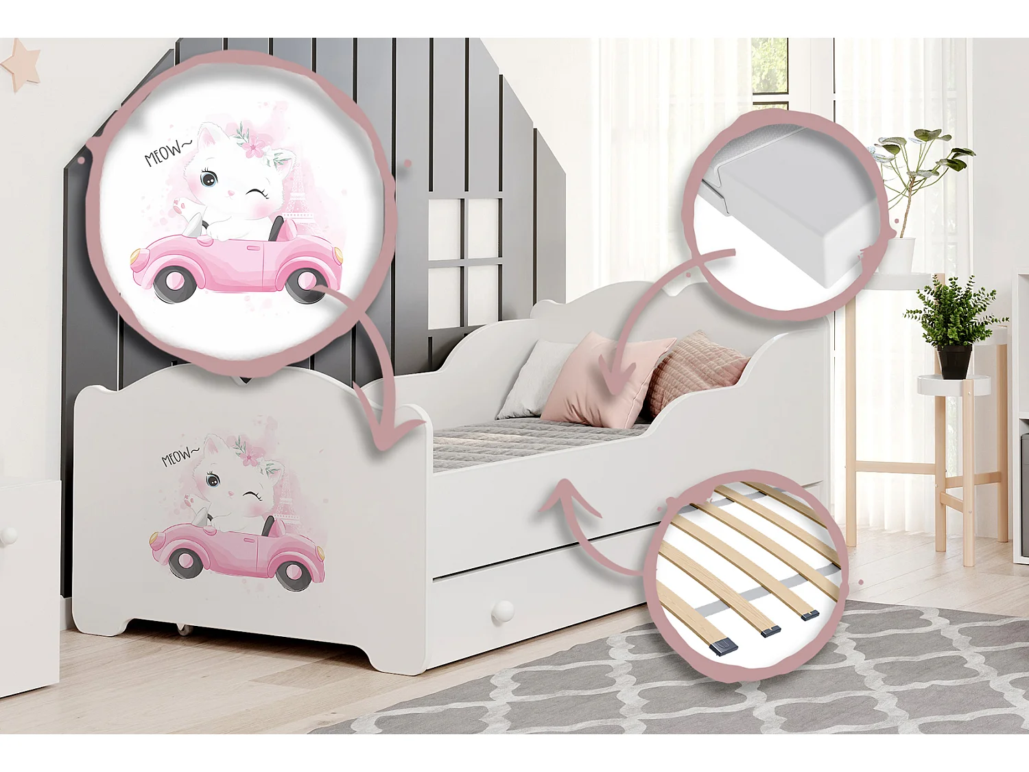 Anna - lit simple 160x80 avec graphismes pour enfants, dans un ensemble avec un tiroir, un matelas et un cadre