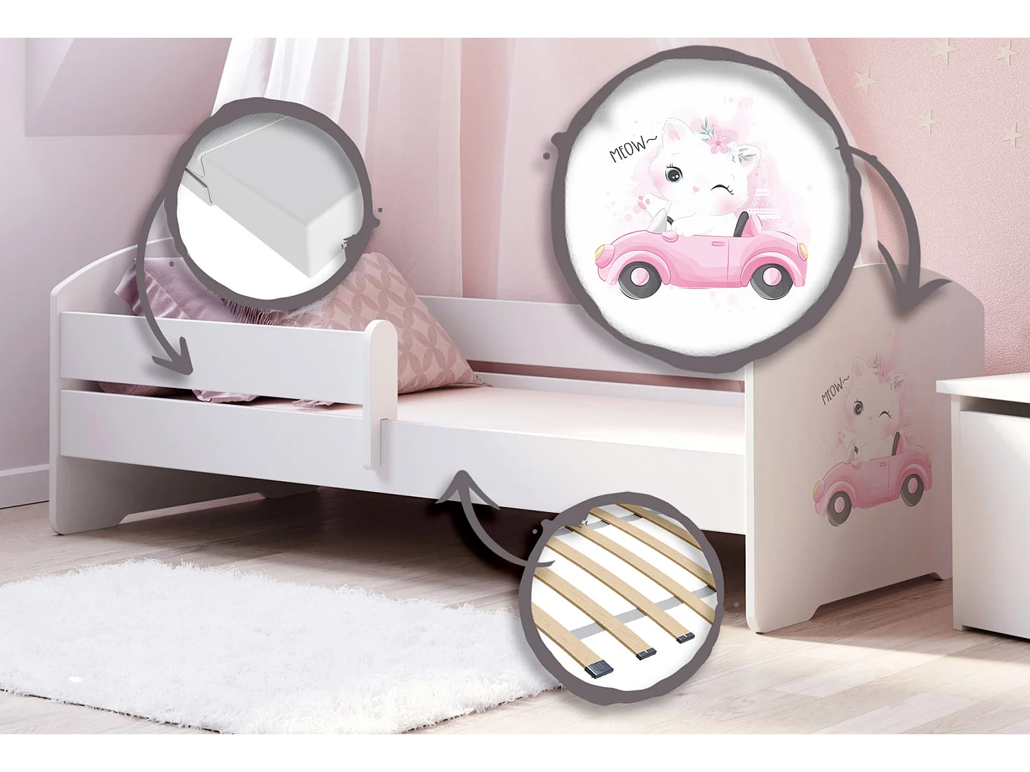 Einfaches Kinderbett 140x70 cm weiß mit Schaumstoffmatratze und umkehrbarem Sicherheitsgitter, langlebiger Holzrahmen