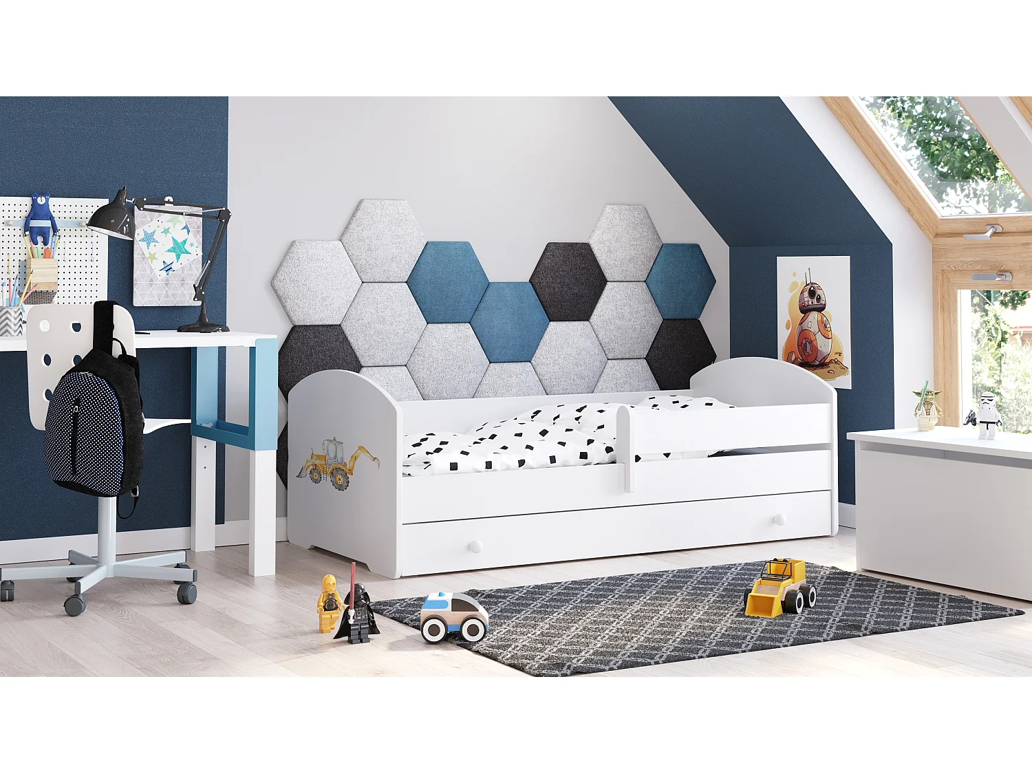 Luk - lit simple 160x80 avec des graphismes pour enfants, dans un ensemble avec un tiroir, une balustrade, un matelas et un cadre