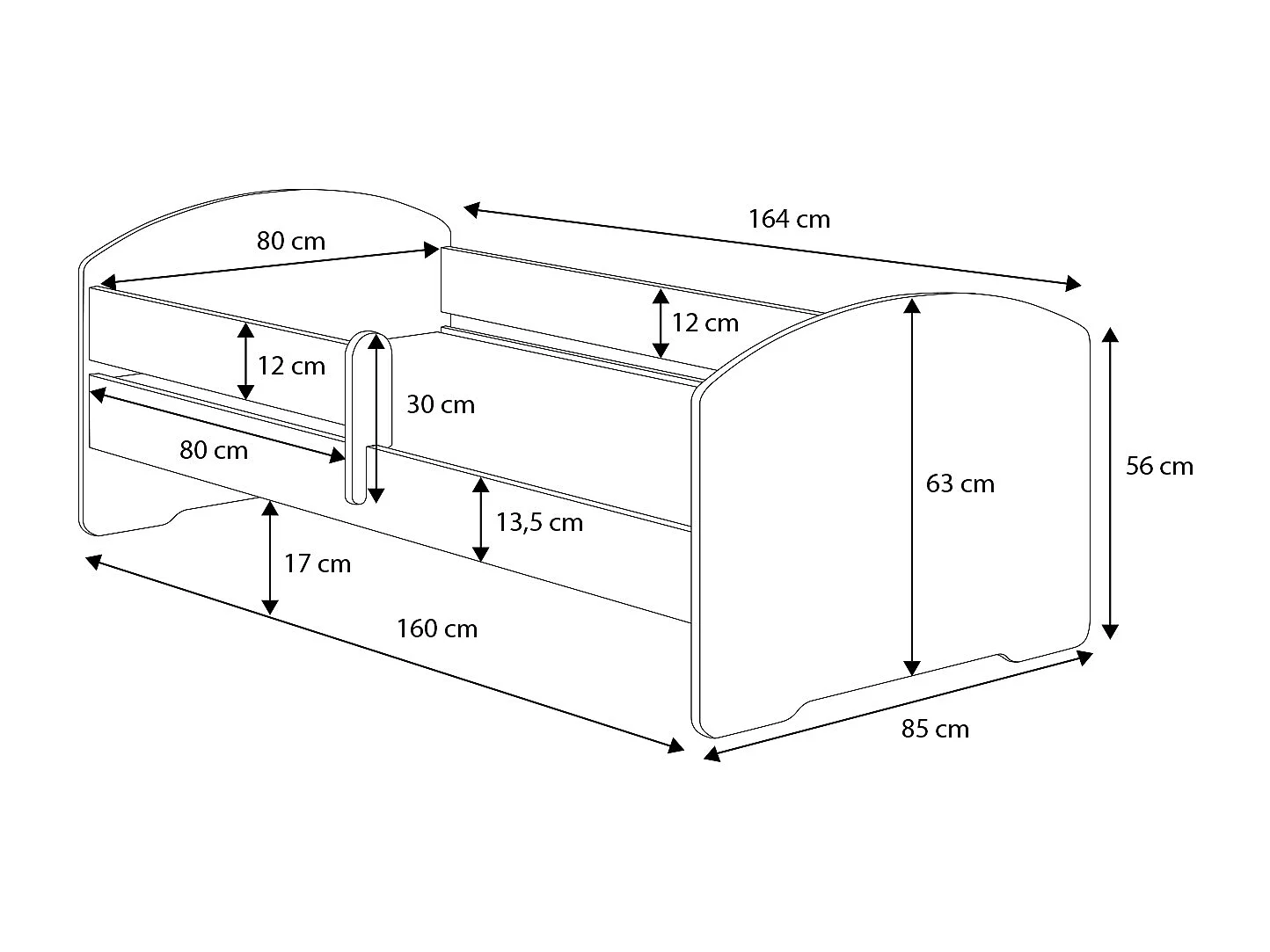 Luk - lit simple 160x80 avec des graphismes pour enfants, dans un ensemble avec un tiroir, une balustrade, un matelas et un cadre