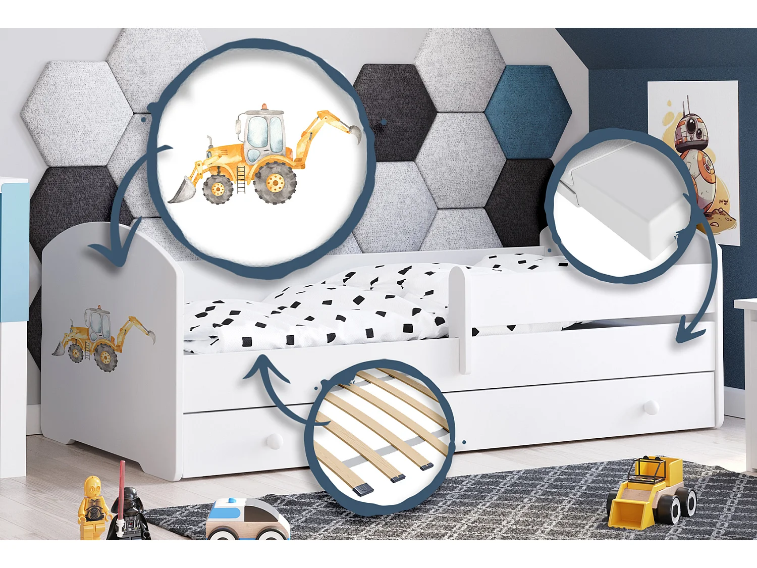Luk - lit simple 160x80 avec des graphismes pour enfants, dans un ensemble avec un tiroir, une balustrade, un matelas et un cadre
