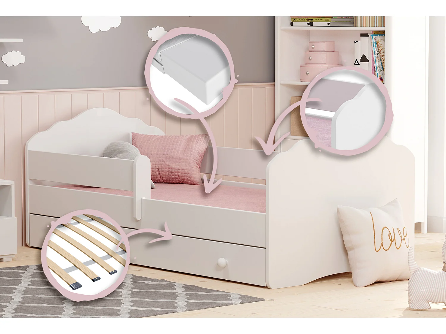 Fala - lit simple 160x80 blanc, dans un ensemble avec un tiroir, une balustrade, un matelas et un cadre