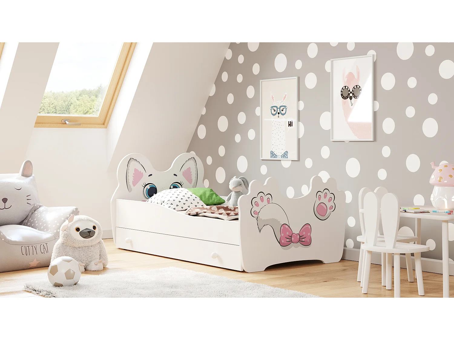 Cama de criança com gaveta, colchão e estrado incluídos 140 x 70 Kobi Pink Cat