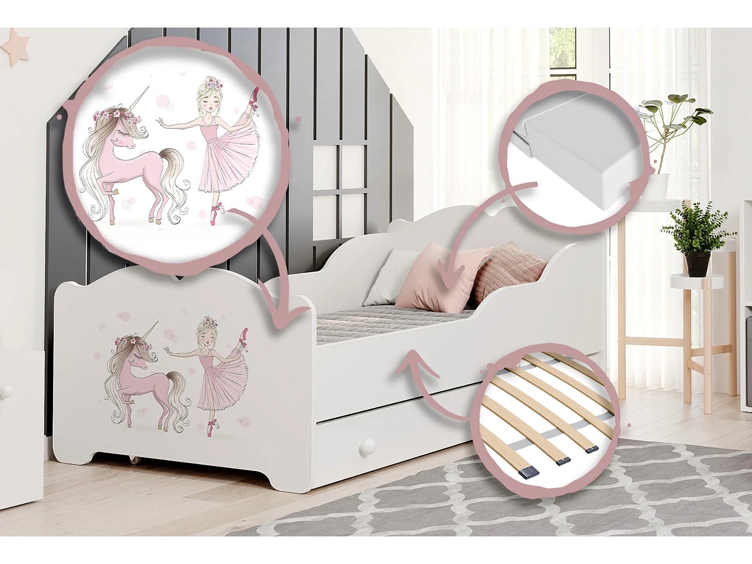 Cama de criança 140 x 70 com gaveta, colchão e estrado incluídos Kobi Anna Girl with unicorn