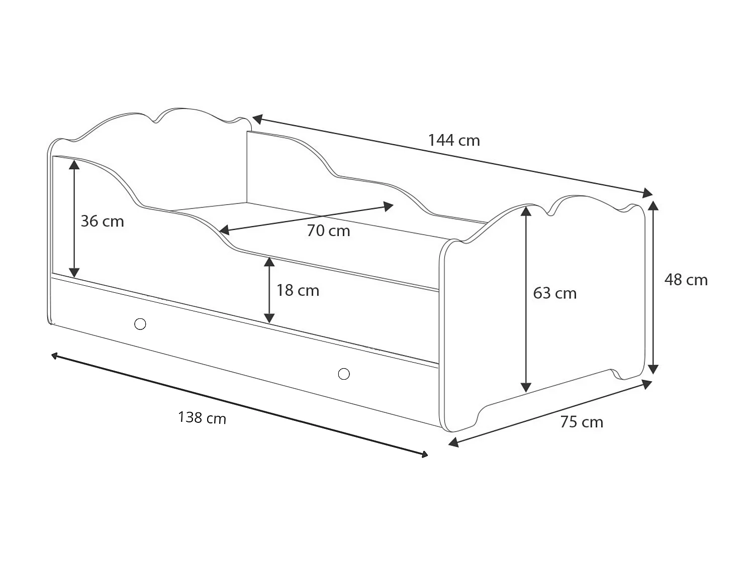 Cama infantil Anna 140x70 cm blanca con cajón, somier de lamas, colchón incluido y bordes protegidos