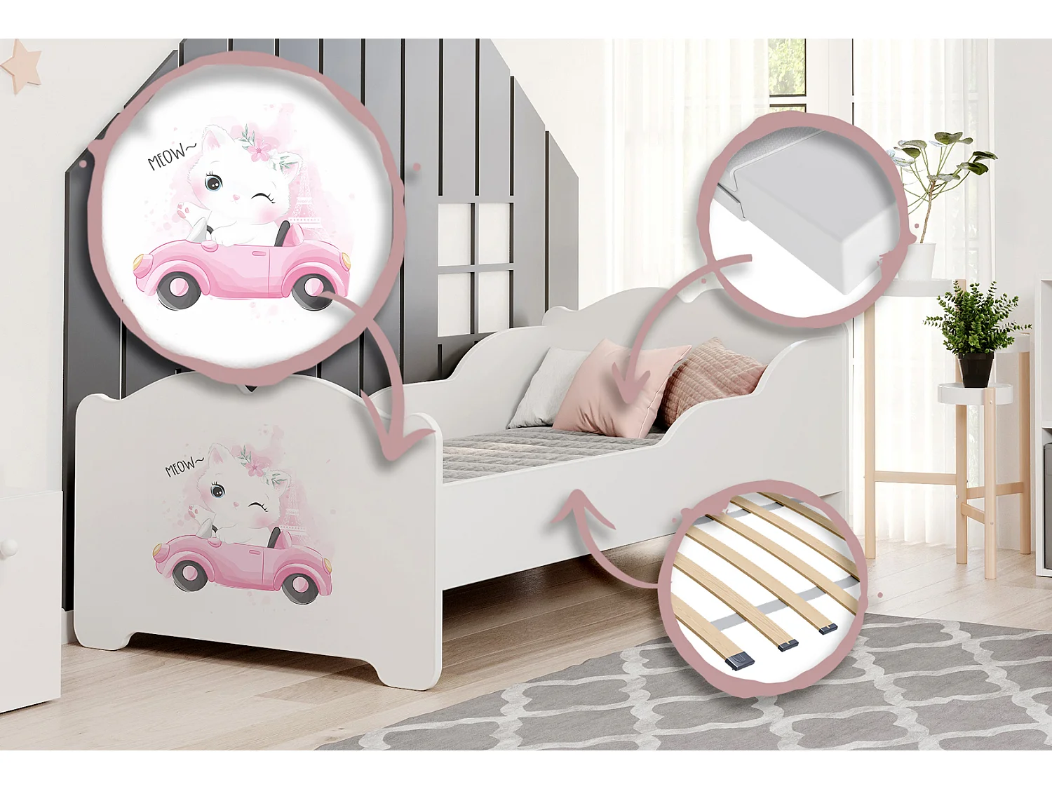 Anna - lit simple 140x70 avec des graphismes pour enfants, dans un ensemble avec un matelas et un cadre