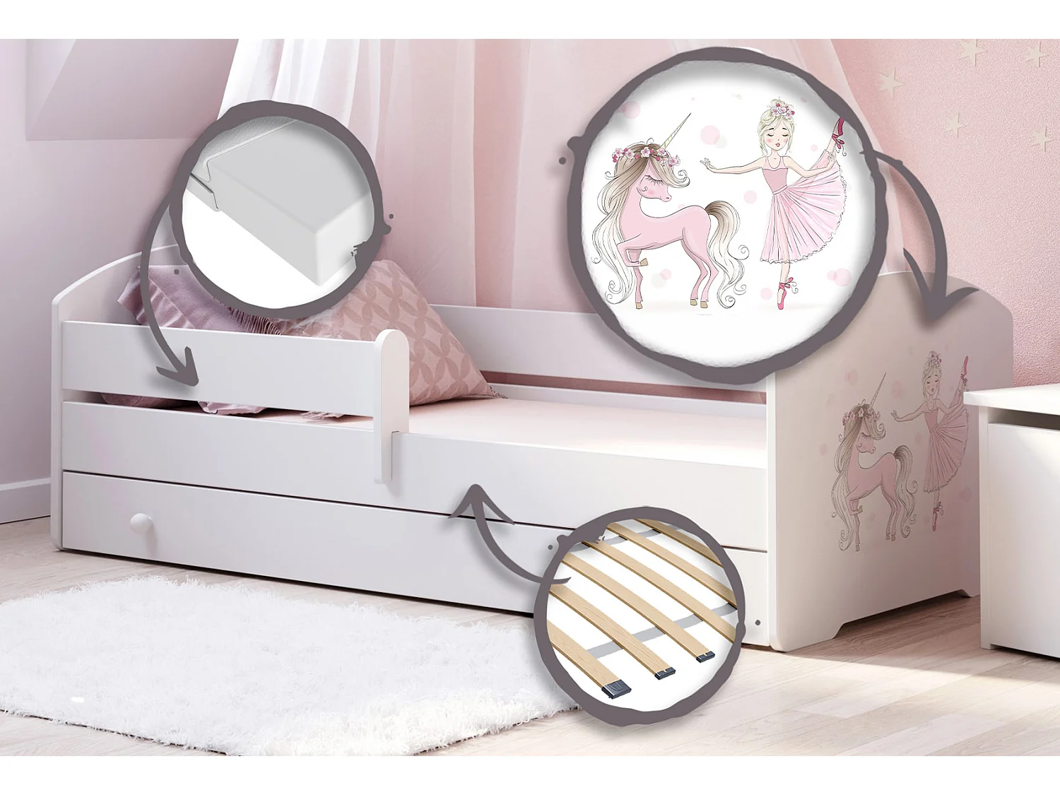 Luk - lit simple 160x80 avec des graphismes pour enfants, dans un ensemble avec un tiroir, une balustrade, un matelas et un cadre