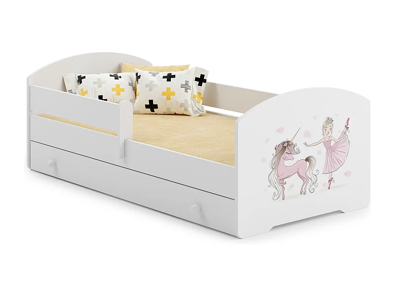 Luk - lit simple 160x80 avec des graphismes pour enfants, dans un ensemble avec un tiroir, une balustrade, un matelas et un cadre