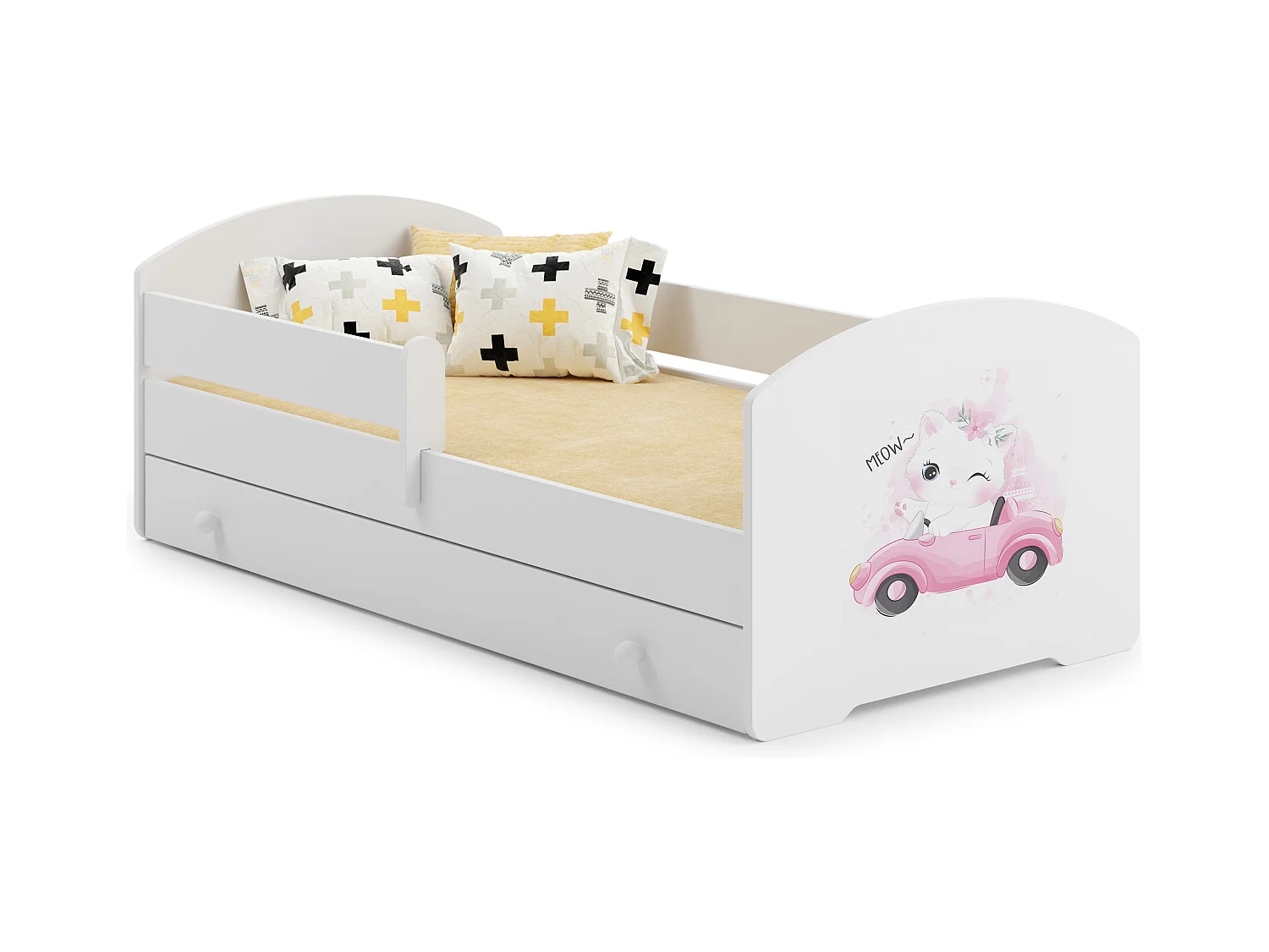 Luk - lit simple 140x70 avec des graphismes pour enfants, dans un ensemble avec un tiroir, une balustrade, un matelas et un cadre