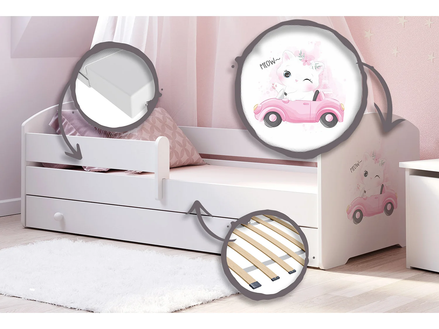 Luk - lit simple 140x70 avec des graphismes pour enfants, dans un ensemble avec un tiroir, une balustrade, un matelas et un cadre