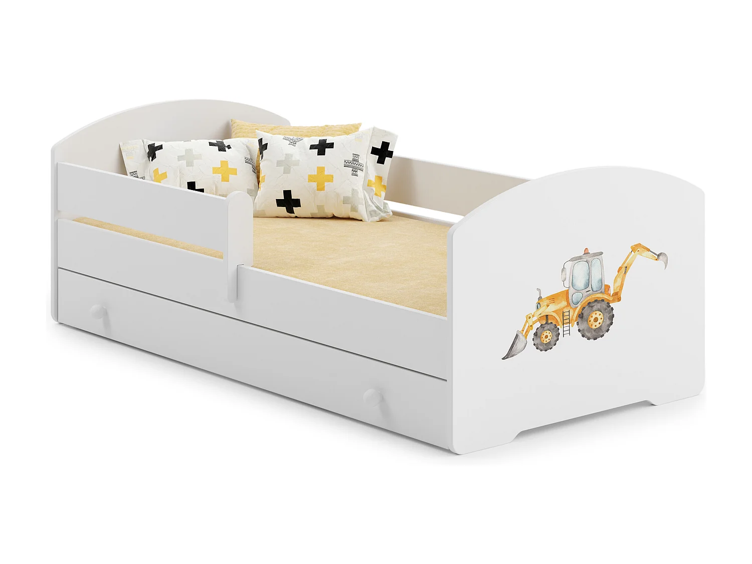 Luk - lit simple 140x70 avec des graphismes pour enfants, dans un ensemble avec un tiroir, une balustrade, un matelas et un cadre