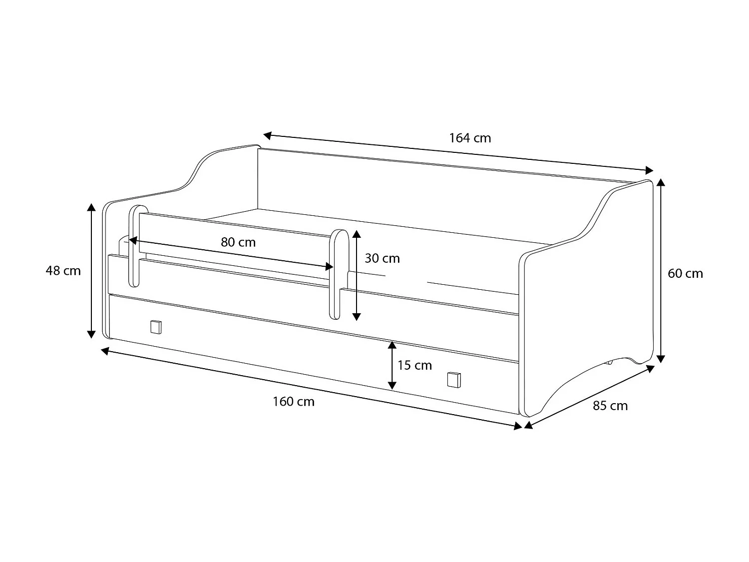 Eryk - lit simple 160x80 dans un ensemble avec un tiroir, une balustrade, un matelas et un cadre