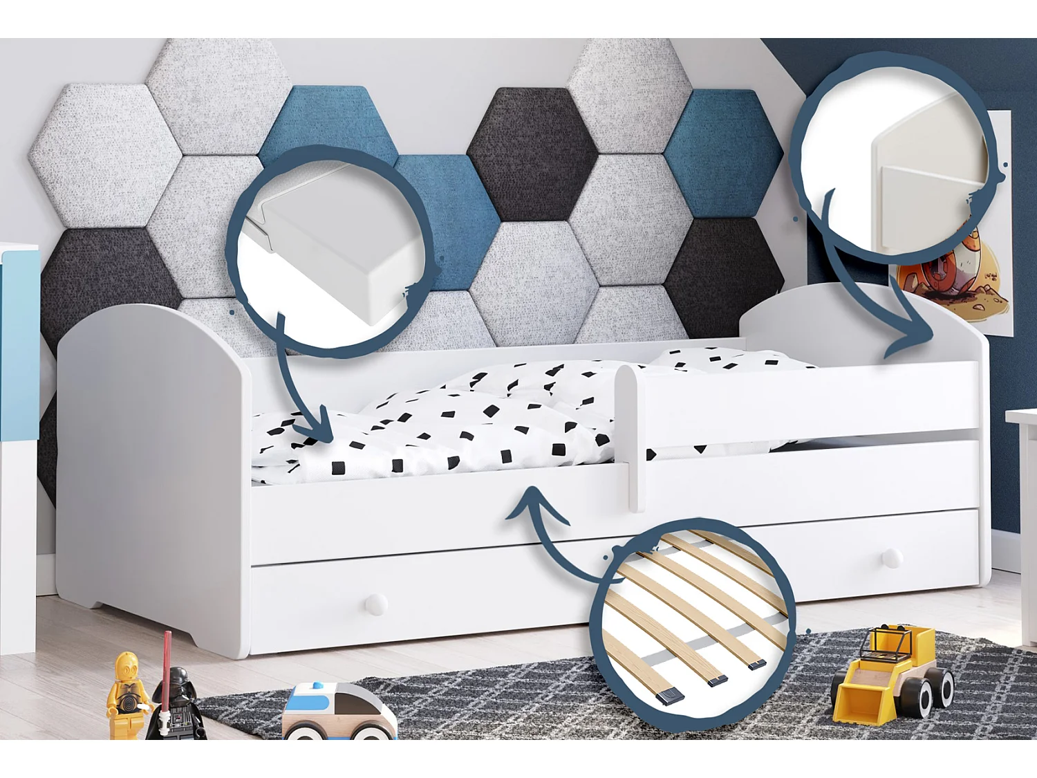 Cama Infantil com Colchão Gaveta Barreira Segurança LUK Branco (160x80 cm)