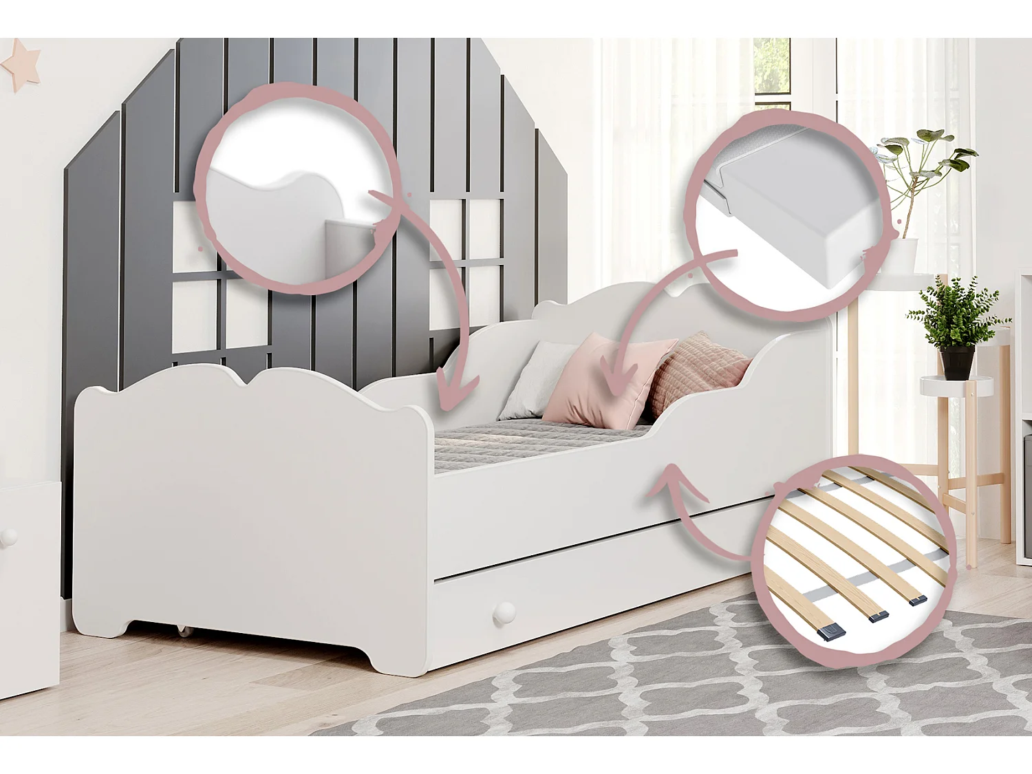 Anna - lit simple 140x70 avec graphismes pour enfants, dans un ensemble avec un tiroir, un matelas et un cadre