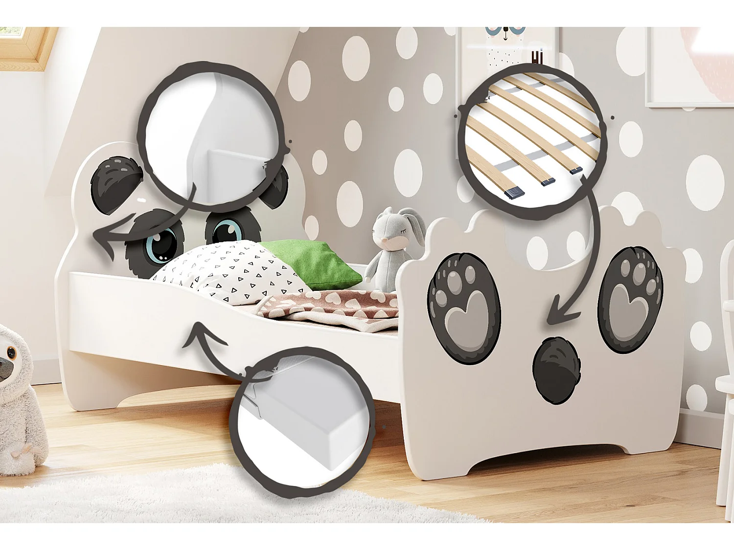 Cama de criança com colchão e estrado incluídos 140 x 70 Kobi Panda