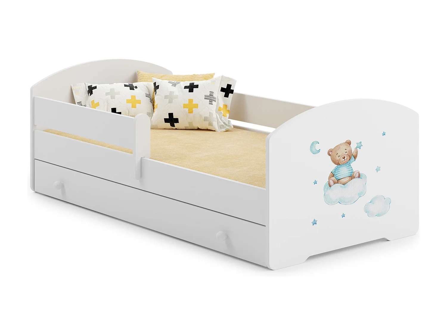 Luk - lit simple 140x70 avec des graphismes pour enfants, dans un ensemble avec un tiroir, une balustrade, un matelas et un cadre