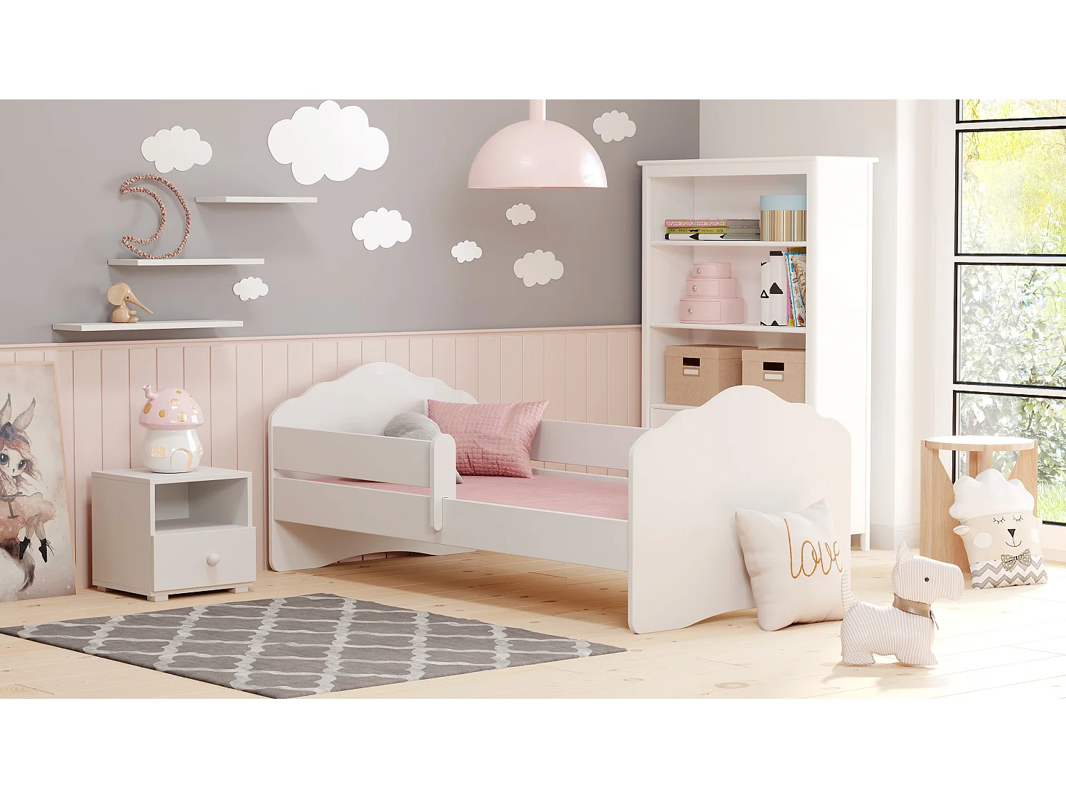 Fala - lit simple 160x80 blanc, dans un ensemble avec garde-corps, matelas et sommier