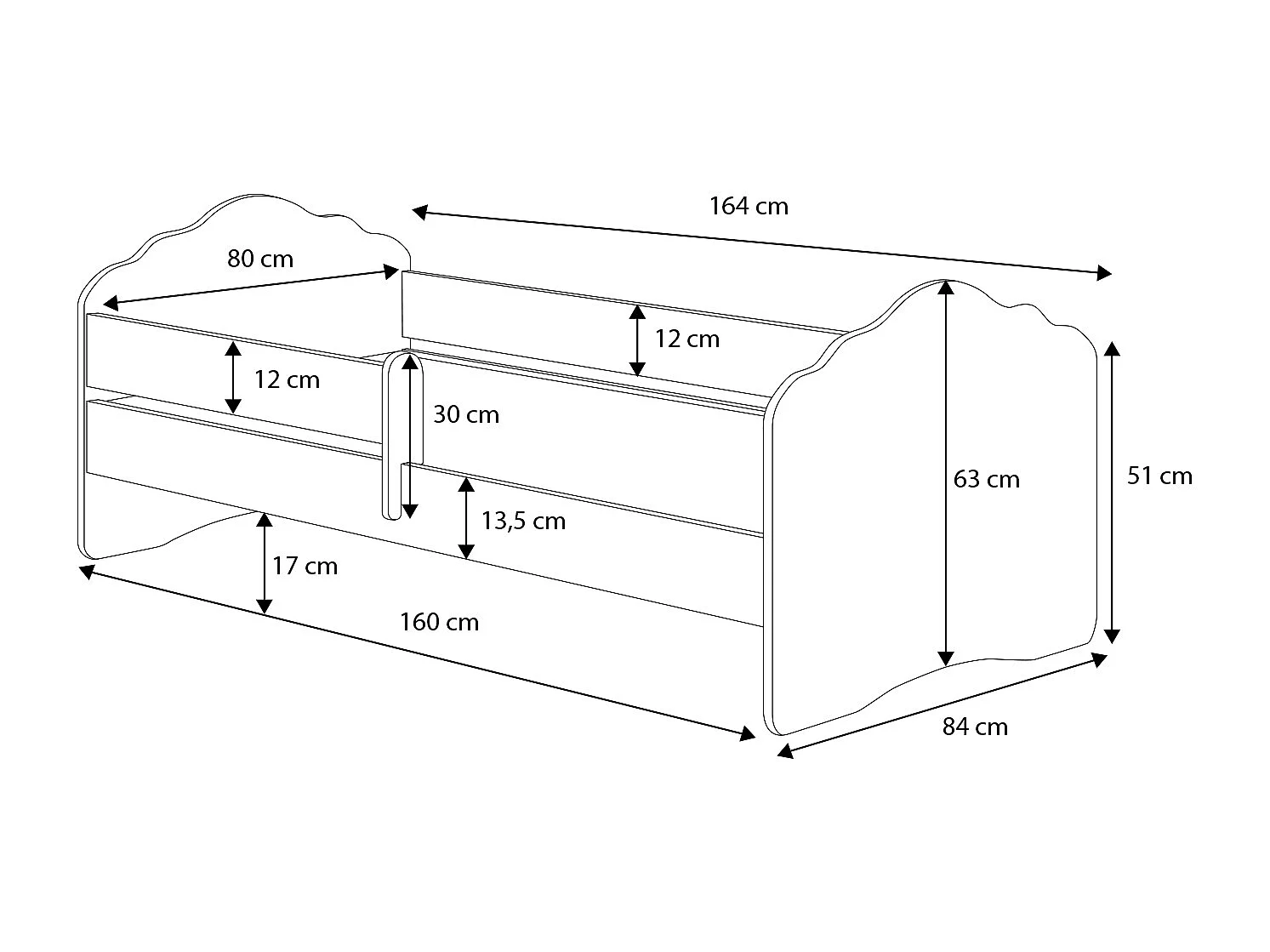 Fala - lit simple 160x80 blanc, dans un ensemble avec garde-corps, matelas et sommier